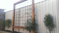 a wooden trellis sitting next to a white wall with plants growing on it's sides