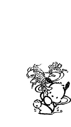 a black and white drawing of a dog with flowers in it's mouth