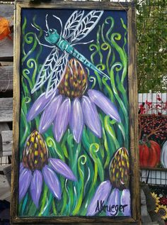 a painting of purple flowers with a dragonfly on it