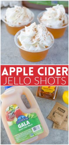 apples cider jello shots with whipped cream on top and an apple in the background