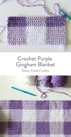 the crochet purple gingham blanket is next to yarn and knitting needles