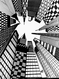 black and white drawing of skyscrapers from below