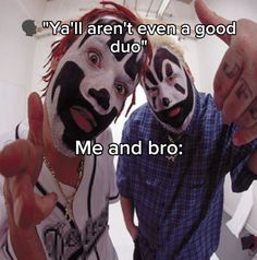 two men with face paint giving the thumbs up in front of them, both wearing clown makeup