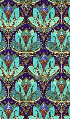 a blue and green floral pattern on a purple background with gold accents, including an intricate design