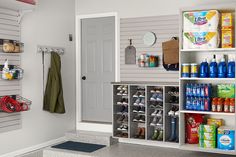 the inside of a storage room with shoes and other items on shelves next to a door