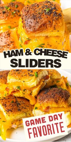 ham and cheese sliders on a plate with a sign that says game day favorite