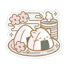 a cat sleeping on top of a plate with flowers and stars around it sticker