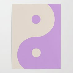 a purple and white painting with two circles on the opposite side of it, in front of a white wall