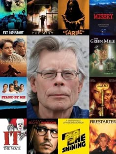 many movies are shown together in this collage with one man looking at the camera