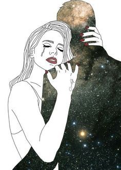 a drawing of a man kissing a woman's forehead in front of a star filled sky