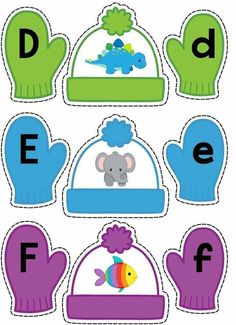 an image of children's hats and gloves with the letters d, e, f