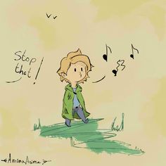 a drawing of a young boy with musical notes coming out of his ears and the words stop that