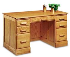 a wooden desk with drawers and two vases on top