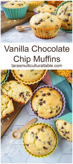 Vanilla Chocolate Chip Muffins next to a wooden spoon with vanilla sugar. Chocolate Chunk Muffins, Mini Chocolate Chip Muffins, Sweet Muffins, Vanilla Bean Paste, Chocolate Chip Muffin Recipe, Vanilla Recipes, French Toast Breakfast, Sweet Muffin, Oat Muffins