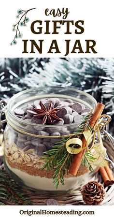 an easy gift in a jar with cinnamons, nuts and star anise on top