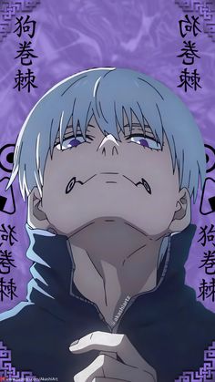 an anime character with white hair and blue eyes, wearing a black hoodie in front of purple background