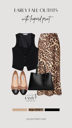 A black tailored vest paired with a leopard print midi skirt adds a touch of sophistication with a wild twist. Keep it simple with black accessories and classic ballet flats. SHOP THE LOOK ↑  #FallFashion #LeopardPrint #StyleInspo #CuratedByTamy #FallOutfits #TrendyStyle Black Work Skirt Outfit, Leopard Print Ballet Flats Outfit, Animal Print Midi Skirt Outfit, Midi Leopard Skirt Outfit, Leopard Print Maxi Skirt Outfit, How To Wear A Vest Women, Printed Midi Skirt Outfit, Printed Maxi Skirt Outfit, Leopard Midi Skirt Outfit