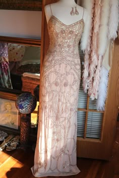 Rose gold with irrescent green aroura borealis beaded wedding | Etsy Boho Wedding Dress Gold, Vintage Floor Length Dresses, Art Nouveau Bridesmaid Dress, Art Nouveau Dress Evening Gowns, Beaded Dress Vintage, Beaded Prom Dress Vintage, Art Deco Bridesmaid Dress, Vintage Gold Dress, Vintage Beaded Wedding Dress