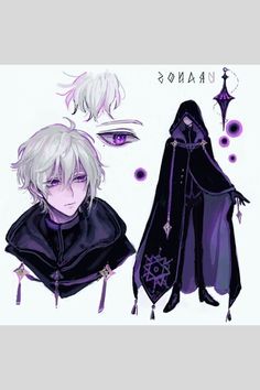 an anime character with white hair and purple eyes wearing a black cloak, standing next to another