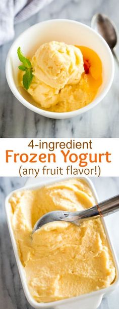 four different types of frozen yogurt in bowls