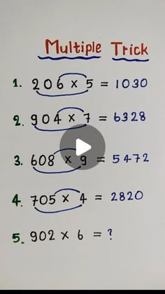 a whiteboard with numbers written on it and the words multiple trick written in red