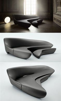 an unusual couch is shown in three different angles, including the seat and back end