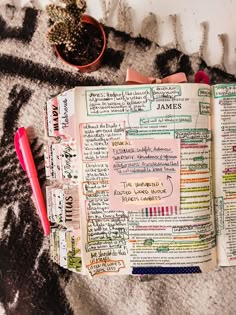 an open bible with notes on it and a cactus next to it in a potted plant