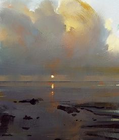 an oil painting of the sun setting over the ocean