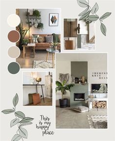 this is a collage of photos with plants and furniture in it's center