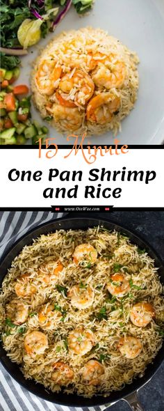 one pan shrimp and rice is shown in this collage