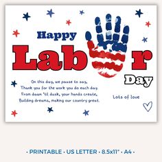 a happy labor day card with an american flag handprint