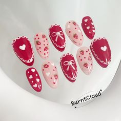 159 strawberry Cake Cute Pink &red Strawberry and Bowknot Press on Nails Custom Hand-painted Nails Almond Reusable Nails/fake Nails - Etsy Cake Nails Design, Pink And Red Nails Short, Valentine’s Nails, Cute Strawberry Nails, Pink And Red Nail Designs, Red Pink Nails, Valentine Nails Designs, Pink And Red Nails, Valentines Nails Pink