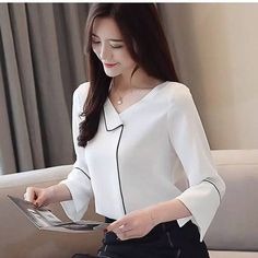 Women White Blouse, Tops And Blouses, Ladies Tops, Women Shirts Blouse, Girls Fashion Clothes, Chiffon Blouse