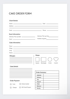 a cake order form is shown in black and white, with the words'cake order form