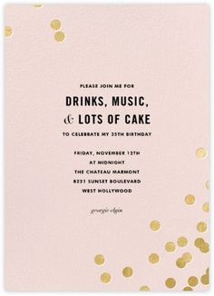 a pink and gold birthday party card with confetti on the bottom, says drinks music lots of cake to celebrate my 30th birthday