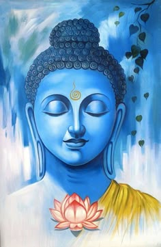 a painting of a buddha statue with a lotus flower in front of it