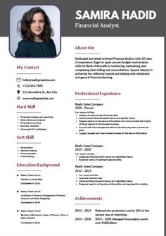 a professional resume template for finance and investment managers, with an image of a woman in black