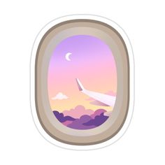 an airplane window with the view of clouds and a moon in the sky sticker