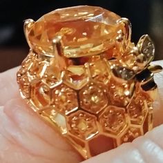 Honey Comb Round Citrine Ring With Yellow Zircon Accents Honey Bee Has White Zircon Accents For Wings Never Worn, Just Tried On! Citrine Ring With Diamond Accents, Orange Jewelry With Diamond Accents For Gift, Honey Bee Jewelry, Honey Bee Earrings, Layered Crosses, Bee Pictures, Bee Ring, Bee Jewelry, Pattern Ring