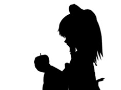 the silhouette of a girl holding an apple in her hand, against a white background