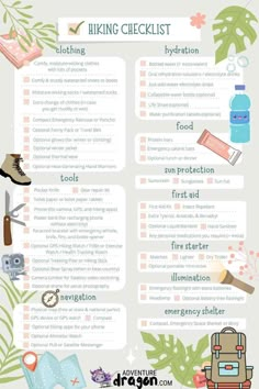 the hiking checklist is shown in this graphic style, with an image of backpacks and