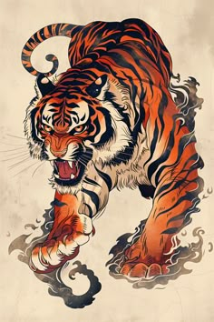 a drawing of a tiger running with it's mouth open