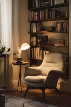 a living room with a chair, lamp and bookshelf