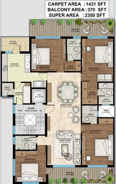 the floor plan for an apartment with three bedroom and two bathroom areas on each side