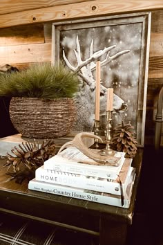 a table topped with books next to a basket filled with pine cones and an antelope