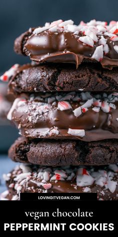 chocolate peppermint cookies stacked on top of each other with text overlay that reads vegan chocolate peppermint cookies