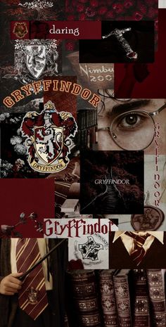 harry potter collage with hogwarts and gryffindor's crest