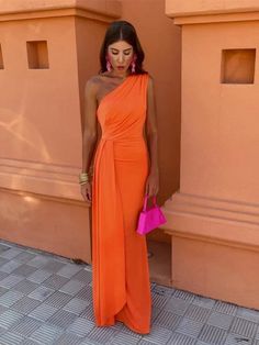 Bonnyshow Women Elegant Solid Slim Long Dress Chic Sleeveless Backless Oblique Shoulder Pleated Robe Summer Lady Party Vestidos Wedding Guest One Shoulder Dress, Orange Dress Styling, Orange Dress Outfit, Orange Dress Outfits, Slim Long Dress, Party Wear For Women, Orange Dresses, Midaxi Dress, Dress Women Elegant