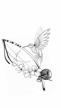 a black and white drawing of a bird with flowers on it's tail flying in the air