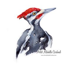 a watercolor painting of a woodpecker with red head and yellow beak on white background